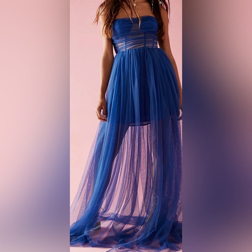 Free people SAU LEE Bella Gown cobalt blue strapless mesh corset top size 4 NWT